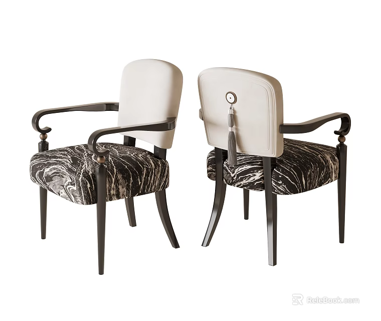 Luxury Modern Upholstered Dining Armchair With Decorative Tassel Marble Pattern Seat And Solid Wood Legs 3d model 