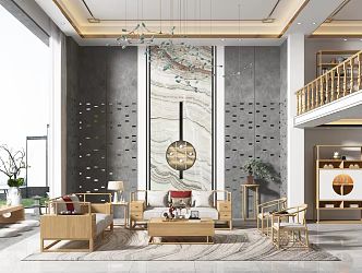 New Chinese Duplex Living Room Villa Living Room 3d model