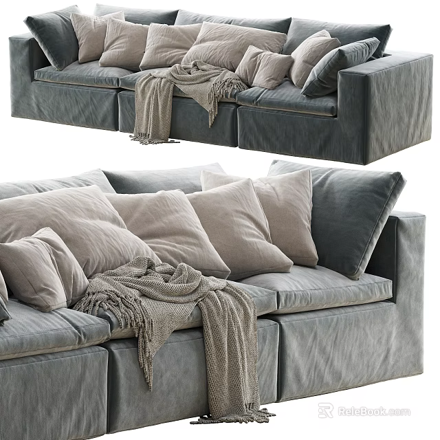 Comfortable Gray Three Seater Fabric Sofa With Multiple Pillows And Throw Blanket 3d model 