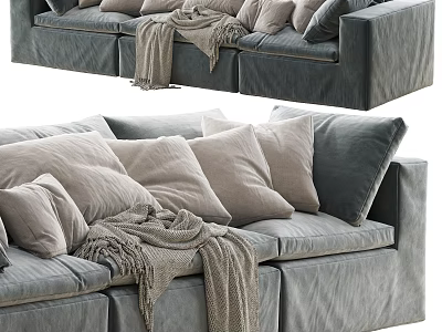 Comfortable Gray Three Seater Fabric Sofa With Multiple Pillows And Throw Blanket 3d model