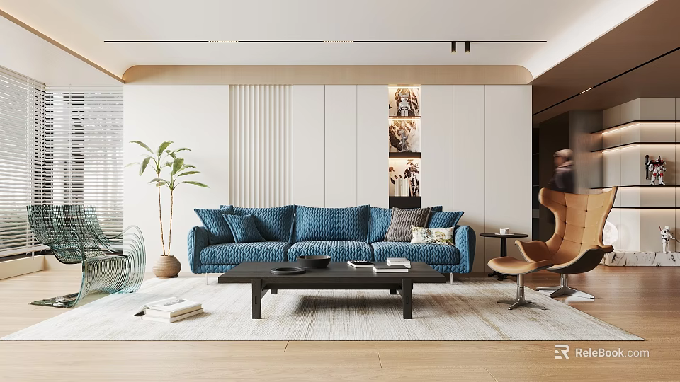 Modern Living Room With Blue Sofa Black Coffee Table And Wall Art 3d model 
