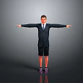 Man in suit jacket and tie with black shorts and purple sneakers standing arms outstretched