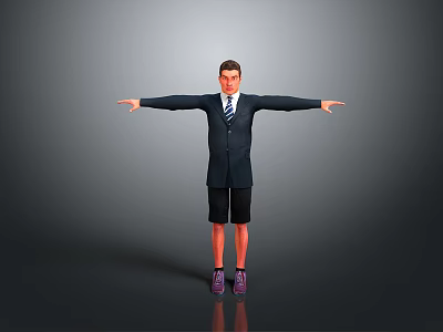 Man in suit jacket and tie with black shorts and purple sneakers standing arms outstretched 3d model