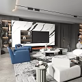 Modern Living Room With Marble TV Wall Sofa Blue Armchairs Coffee Table And Large Window