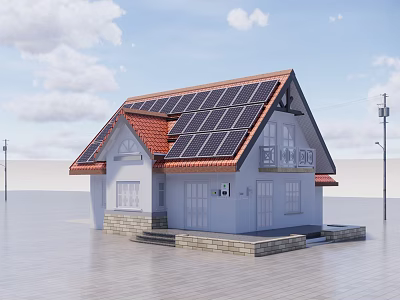 Sustainable Residential House Featuring Solar Panels Red Roof White Walls Windows And Door 3d model