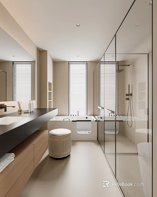 Modern Bathroom Interior Design With Glass Shower Bathtub Countertop And Window Blinds 3d model 