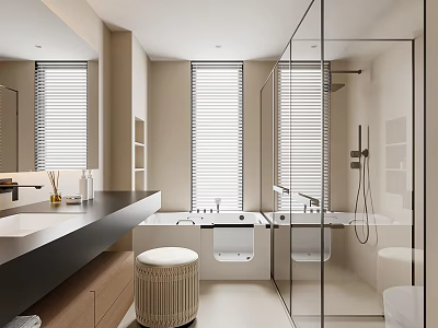 Modern Bathroom Interior Design With Glass Shower Bathtub Countertop And Window Blinds 3d model