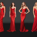 Four Women Posing in Red Satin Evening Dresses Against Black Background