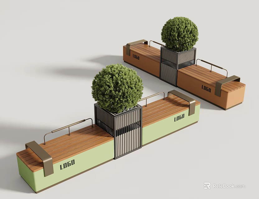 Modern Public Combined Outdoor Chair With Wooden Seat And Integrated Metal Planter For Green Shrubs 3d model 