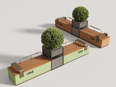 Modern Public Combined Outdoor Chair With Wooden Seat And Integrated Metal Planter For Green Shrubs 3d model