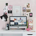 Stylish Home Desk With Computer Lamp Decorations And Pink Background Wall