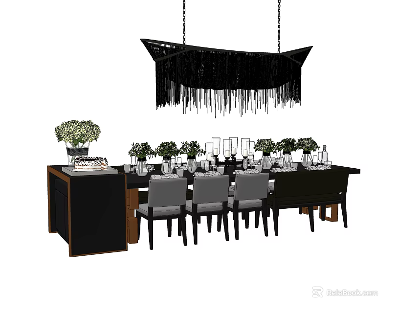 Modern Dining Table Set With Black Table Gray Chairs Green Plants And Pendant Light 3d model