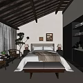 Hotel Guest Room With Wooden Sloped Ceiling Cozy Bed Wicker Chairs Lamps And Potted Plant