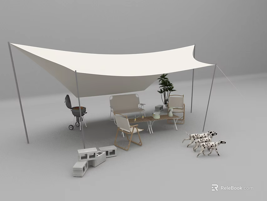 Outdoor Sunshade Canopy Setup With Leisure Area Outdoor Furniture And Potted Plant 3d model 
