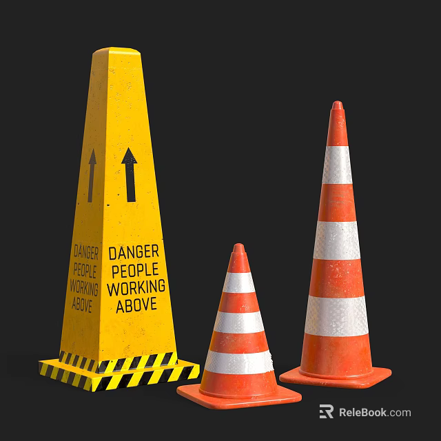 Road Traffic Safety Cones With Yellow Warning Sign And Orange White Stripes For Construction 3d model 