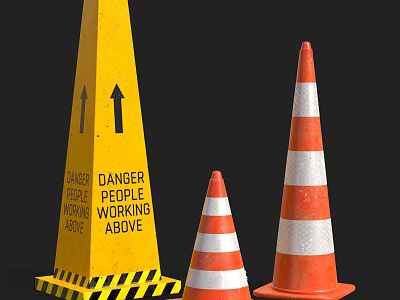 Road Traffic Safety Cones With Yellow Warning Sign And Orange White Stripes For Construction 3d model