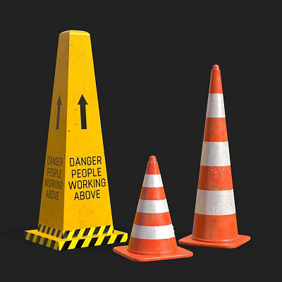 Road Traffic Safety Cones With Yellow Warning Sign And Orange White Stripes For Construction 3d model