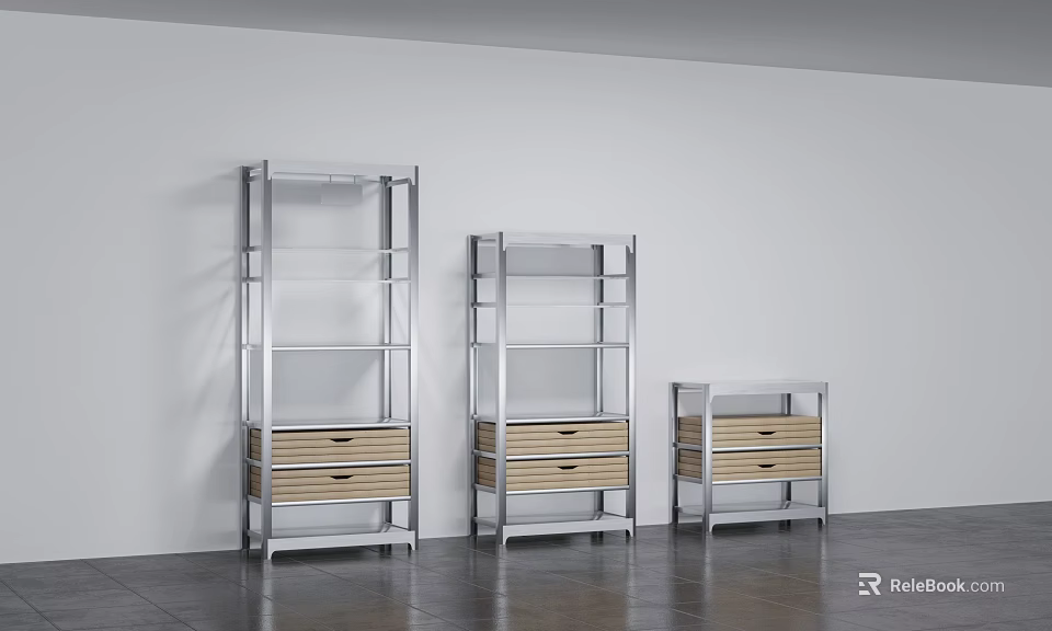 Modern Display Shelves In Different Sizes With Metal Frames And Wooden Drawers 3d model 