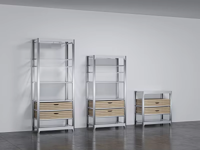 Modern Display Shelves In Different Sizes With Metal Frames And Wooden Drawers 3d model