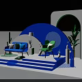 Modern Interior Display With Blue Sofa Green Chair Arched Structure Lamp And Plants