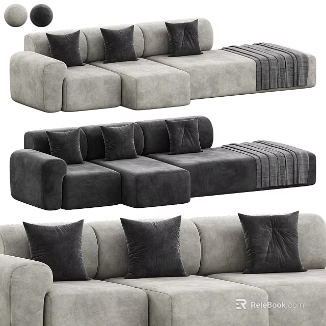 Modern Sectional Sofa in Gray and Dark Gray with Soft Pillows and Throw Blanket 3d model 