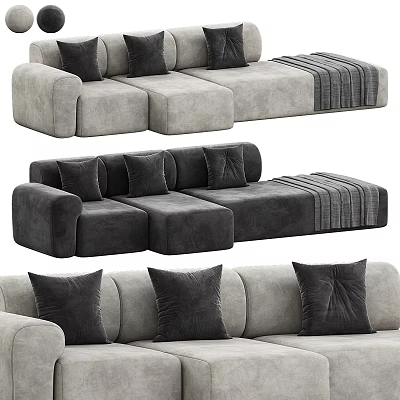 Modern Sectional Sofa in Gray and Dark Gray with Soft Pillows and Throw Blanket 3d model