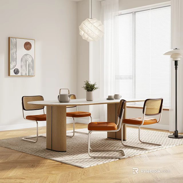 Modern Wooden Dining Table Set With Four Orange Cushioned Chairs And Living Room Decor 3d model 