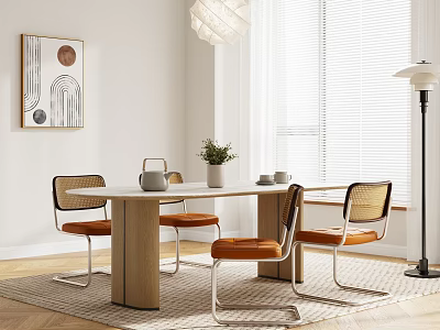 Modern Wooden Dining Table Set With Four Orange Cushioned Chairs And Living Room Decor 3d model