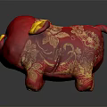 Red Plush Pig Doll With Yellow Horns And Golden Patterns Design