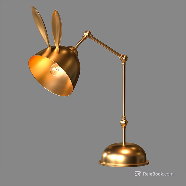 Gold Bunny Ear Shaped Table Lamp With Adjustable Brass Arm And Round Base 3d model
