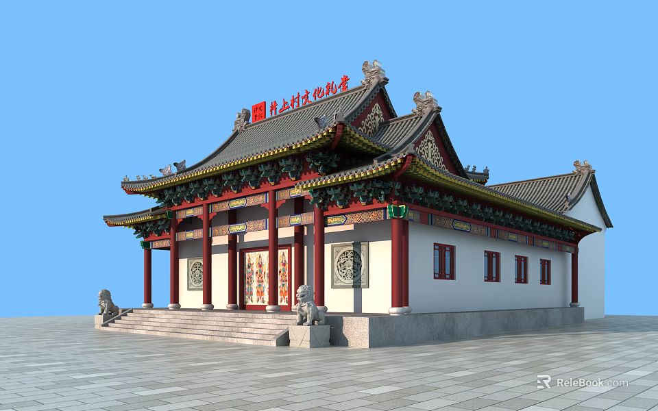 Traditional Chinese Cultural Activity Center Building With Curved Eaves Red Columns And Stone Lions 3d model 
