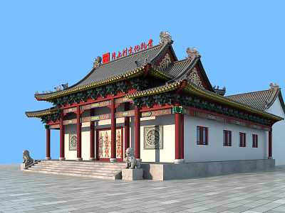 Traditional Chinese Cultural Activity Center Building With Curved Eaves Red Columns And Stone Lions 3d model