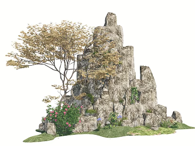 Lush Courtyard Garden With Natural Rock Formation Leafy Tree And Colorful Flowers 3d model