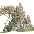 Lush Courtyard Garden With Natural Rock Formation Leafy Tree And Colorful Flowers