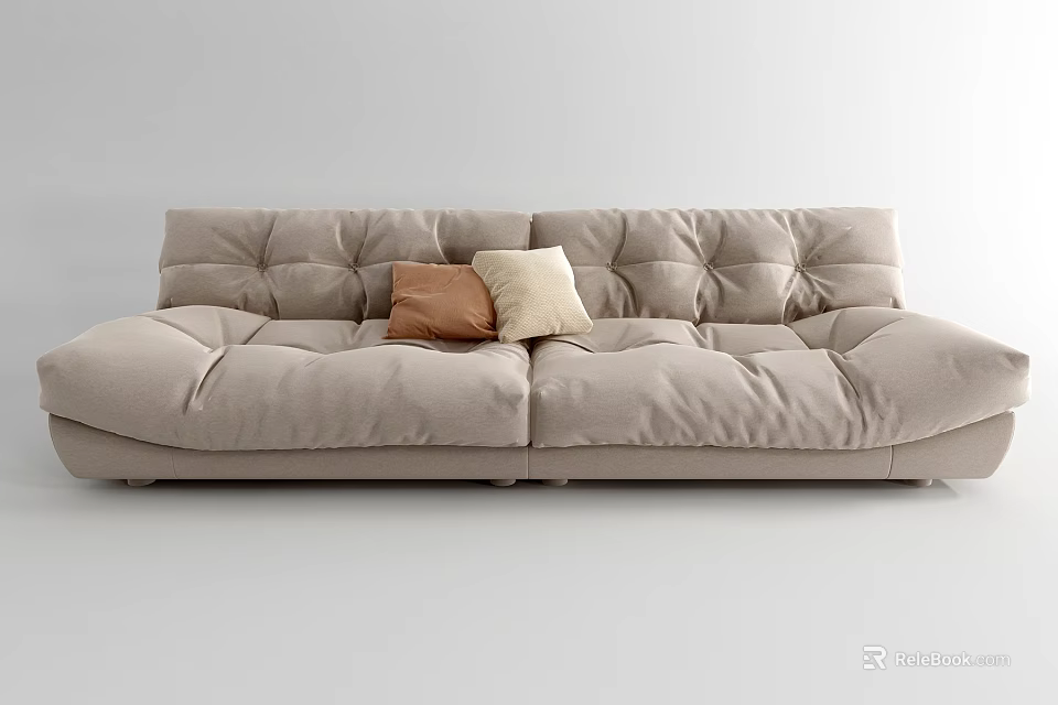 Modern Light Beige Two Seater Sofa With Pleated Design And Brown Cream Throw Pillows 3d model 