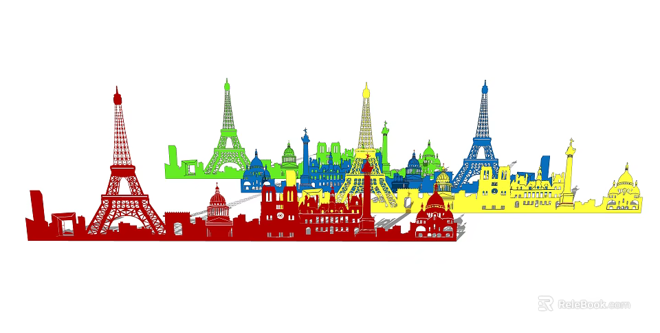 Colorful Paris Landmarks Wall Decor With Building Silhouettes And Vibrant Colors 3d model 