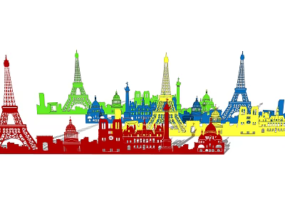 Colorful Paris Landmarks Wall Decor With Building Silhouettes And Vibrant Colors 3d model