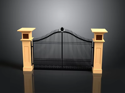 Black Wrought Iron Gate With Beige Stone Pillars And Ornate Design For Entrance 3d model