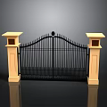 Black Wrought Iron Gate With Beige Stone Pillars And Ornate Design For Entrance