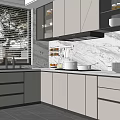 Modern Kitchen Interior With White Gray Cabinets Marble Countertop And Window Blinds 3d model