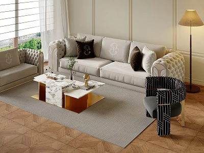 Elegant Tufted Velvet Sofa And Marble Coffee Table Set For Modern Luxury Living Room 3d model