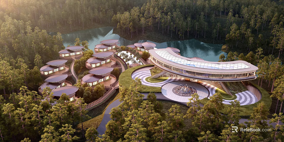 Unique Lakeside Homestay Buildings With Circular Roofs Surrounded By Lush Forests And Scenic Landscapes 3d model 