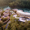 Unique Lakeside Homestay Buildings With Circular Roofs Surrounded By Lush Forests And Scenic Landscapes