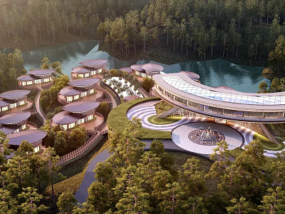 Unique Lakeside Homestay Buildings With Circular Roofs Surrounded By Lush Forests And Scenic Landscapes 3d model