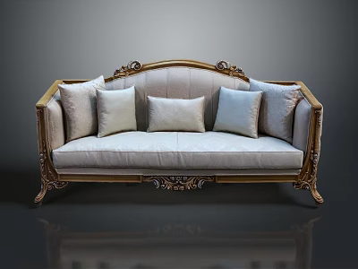 Ornate Classic Multi Seater Sofa With Carved Frame Beige Upholstery And Accent Pillows 3d model