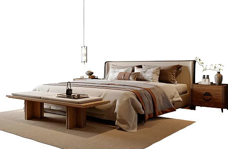 New Chinese Double Bed New Chinese Bed End Stool Bedside Cabinet Chandelier Song Style 3d model