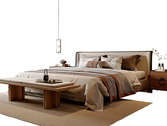 New Chinese Double Bed New Chinese Bed End Stool Bedside Cabinet Chandelier Song Style 3d model