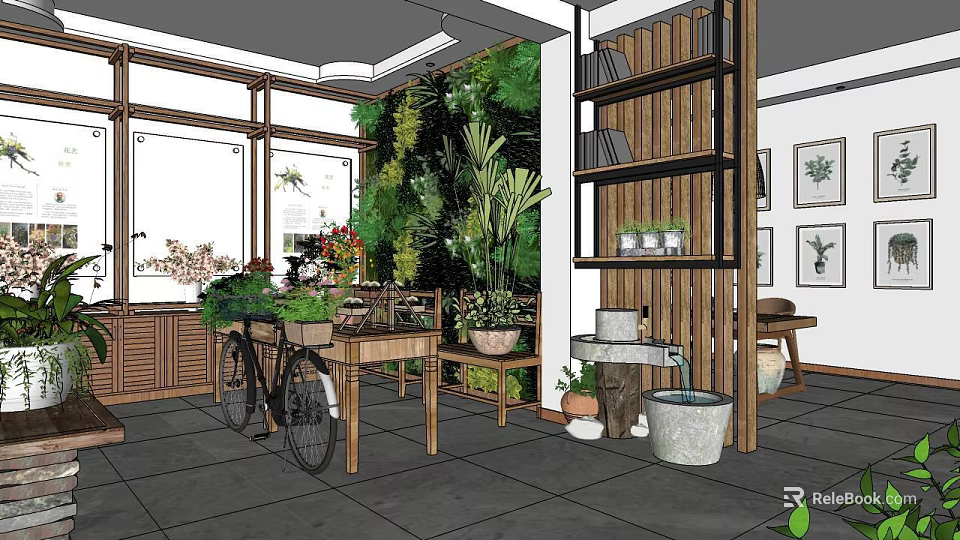 Indoor Garden Landscape Design With Green Plant Wall Wooden Furniture And Bicycle Decoration 3d model 