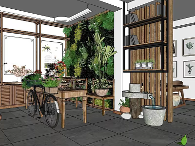 Indoor Garden Landscape Design With Green Plant Wall Wooden Furniture And Bicycle Decoration 3d model