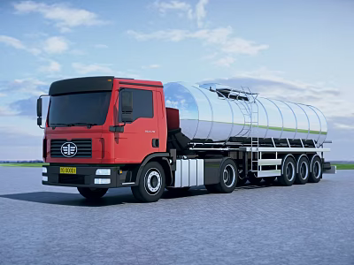 Red Cab Silver Tanker Truck Fuel Transport Vehicle on Blue Sky Road Surface 3d model